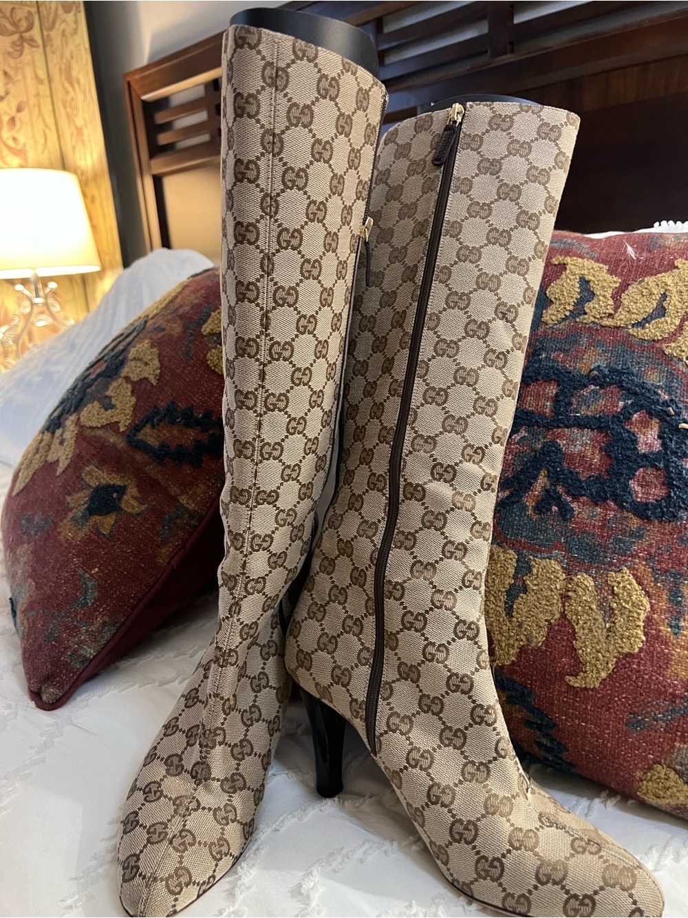 Gucci Brown GG Canvas Knee-High Heeled Boots